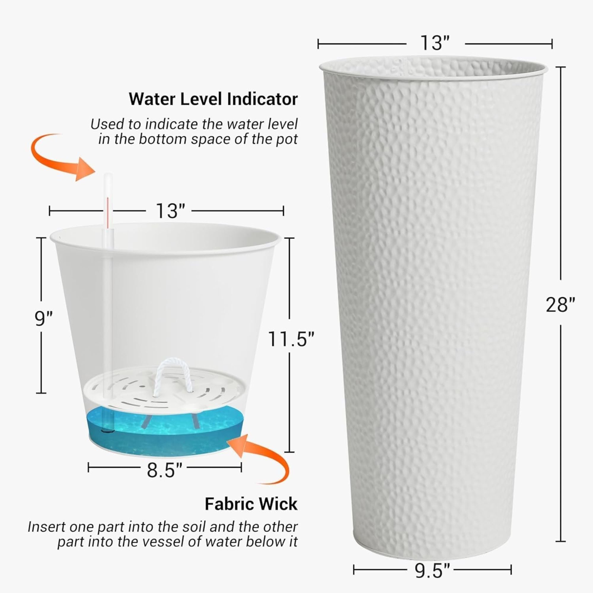 Worth 2 Pack 28" Metal Planter with Inside Pot for Indoors or Outdoors, White - VMInnovations