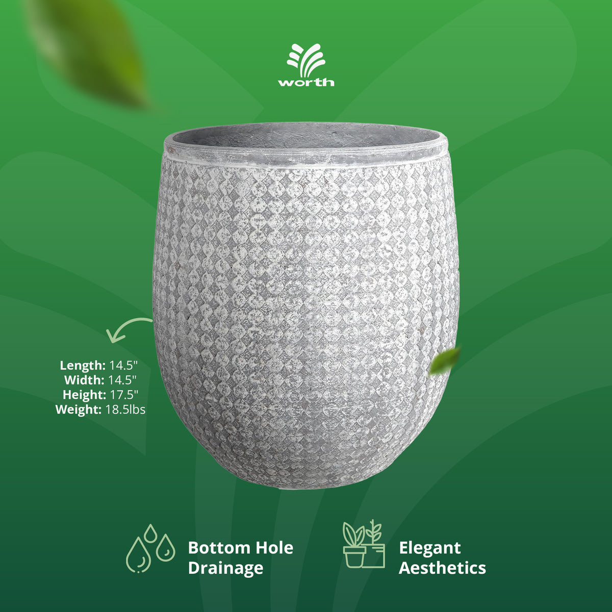 Worth 14.5" Round Planter, Lightweight Magnesium Oxide Plant Pot (Open Box) - VMInnovations