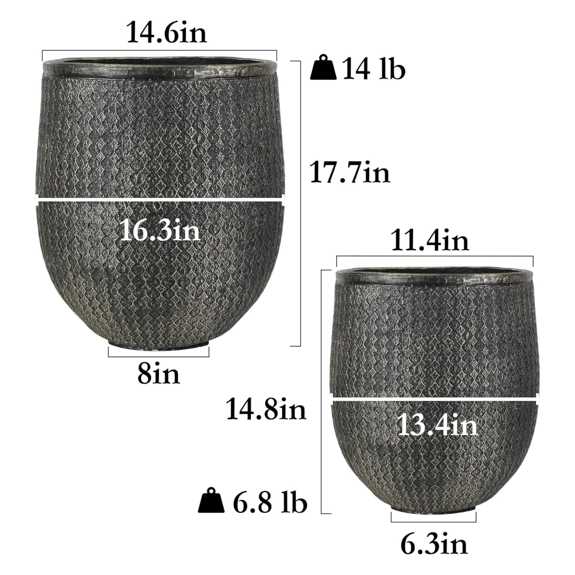 Worth 12" and 14.5" Round Planters, Magnesium Oxide Cement Plant Pots, Black - VMInnovations