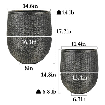 Worth 12" and 14.5" Round Planters, Magnesium Oxide Cement Plant Pots, Black - VMInnovations