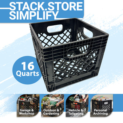 MIRAMAR Milk Crate, Stackable Plastic Storage Bin with Handles, 16 Qt, 2 Pack
