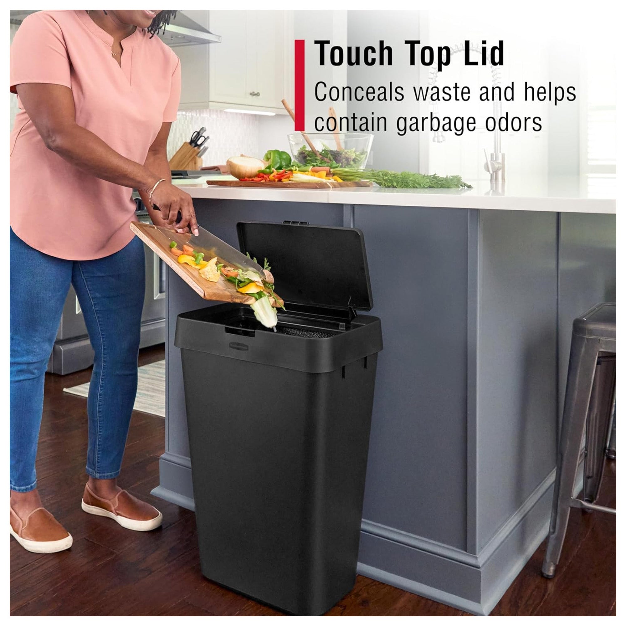 Rubbermaid Touch-Top Kitchen Trash Can Storage with Lid, 12.2 Gal, Black, 2 Pack - VMInnovations