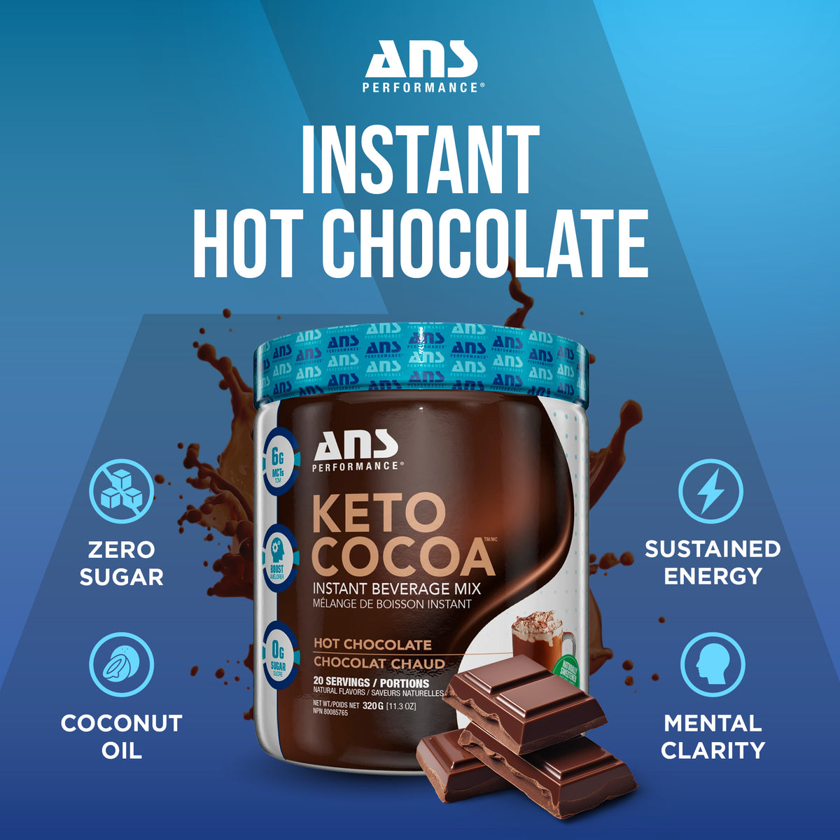ANS Performance Keto Cocoa, Naturally Sweetened Instant Hot Cocoa Mix, Chocolate