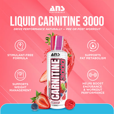 ANS Performance Carnitine 3000 for Muscle Recovery Support, 16 Oz, Berry Blast