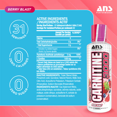 ANS Performance Carnitine 3000 for Muscle Recovery Support, 16 Oz, Berry Blast