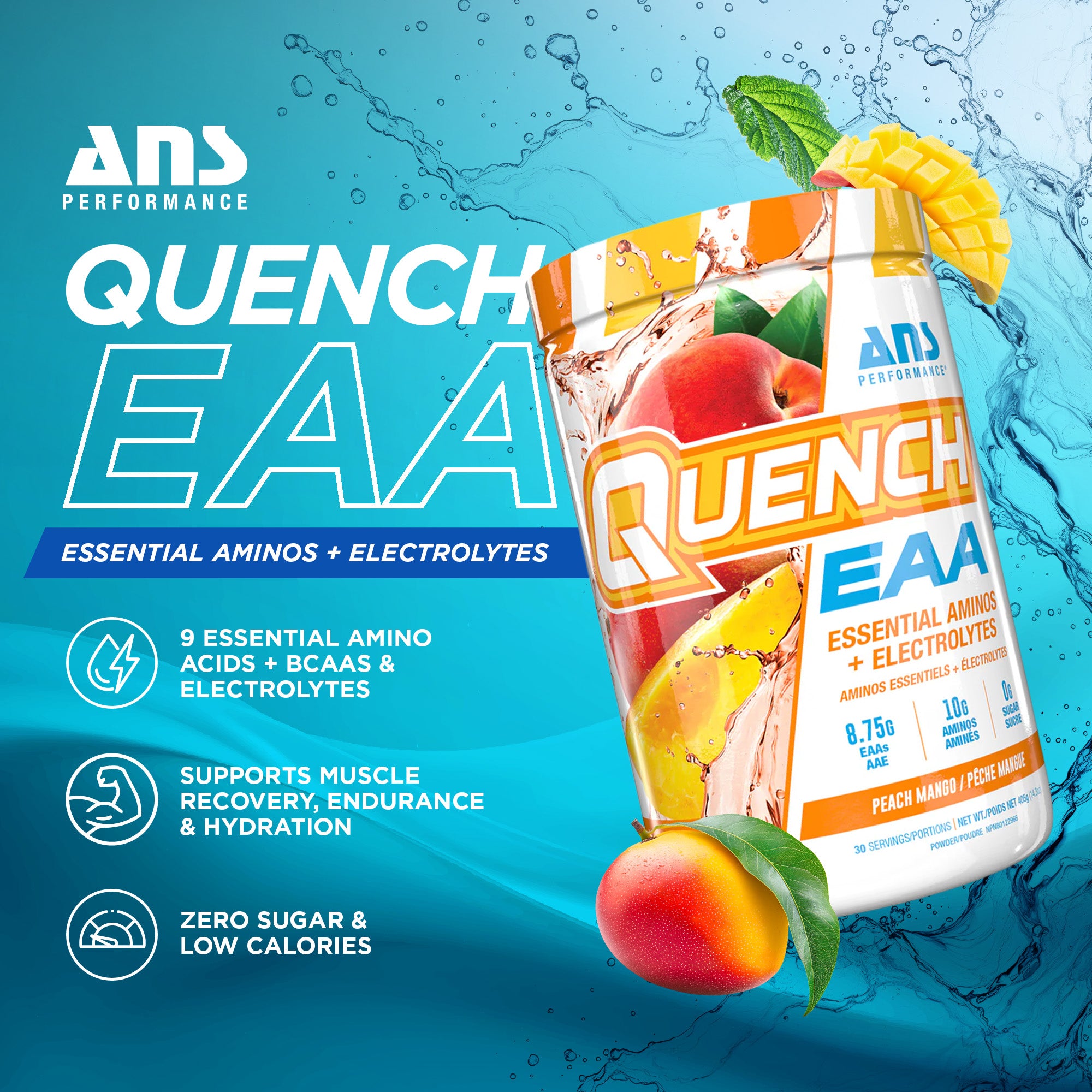 ANS Performance Quench EAA Hydration Drink Mix with Electrolytes, Peach Mango