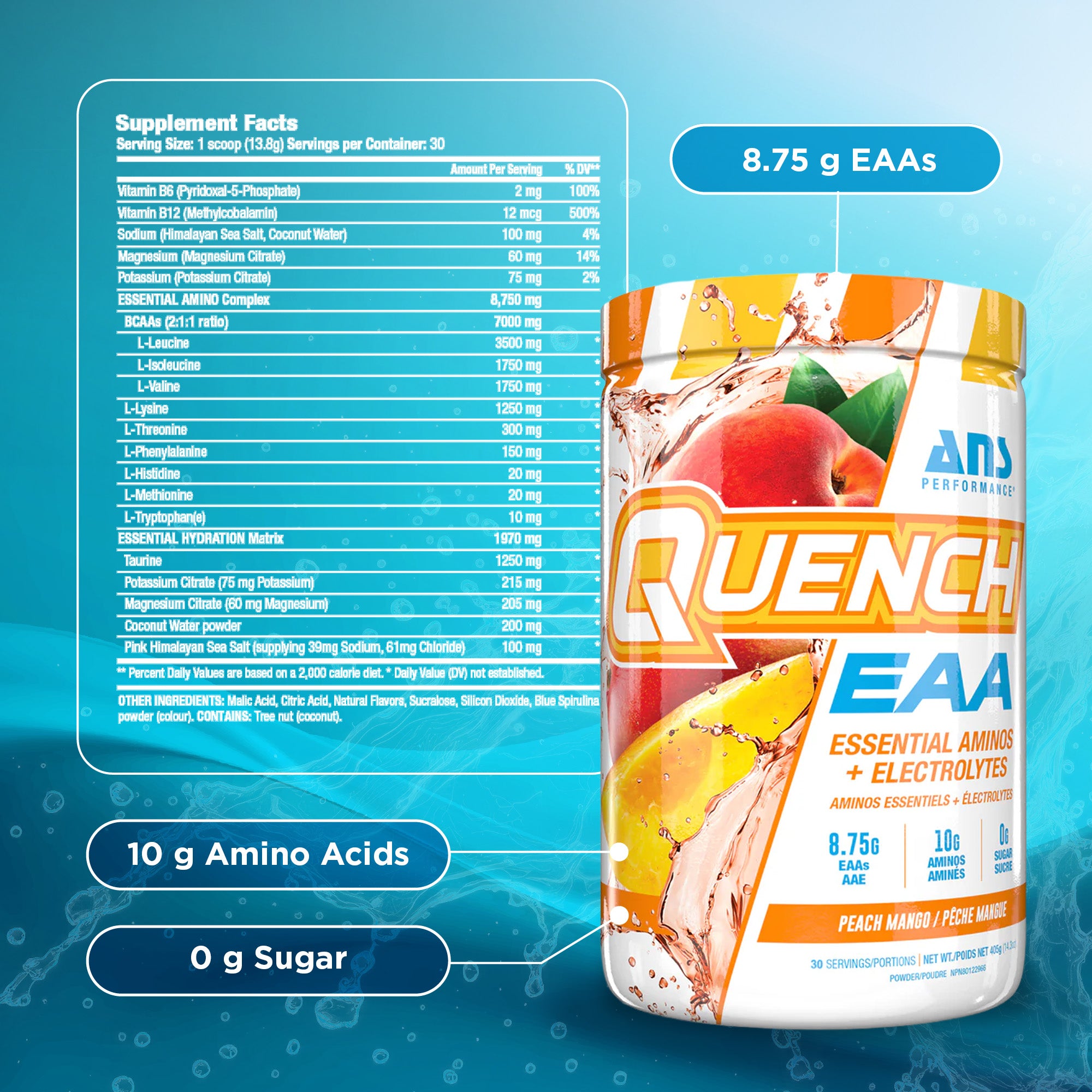 ANS Performance Quench EAA Hydration Drink Mix with Electrolytes, Peach Mango