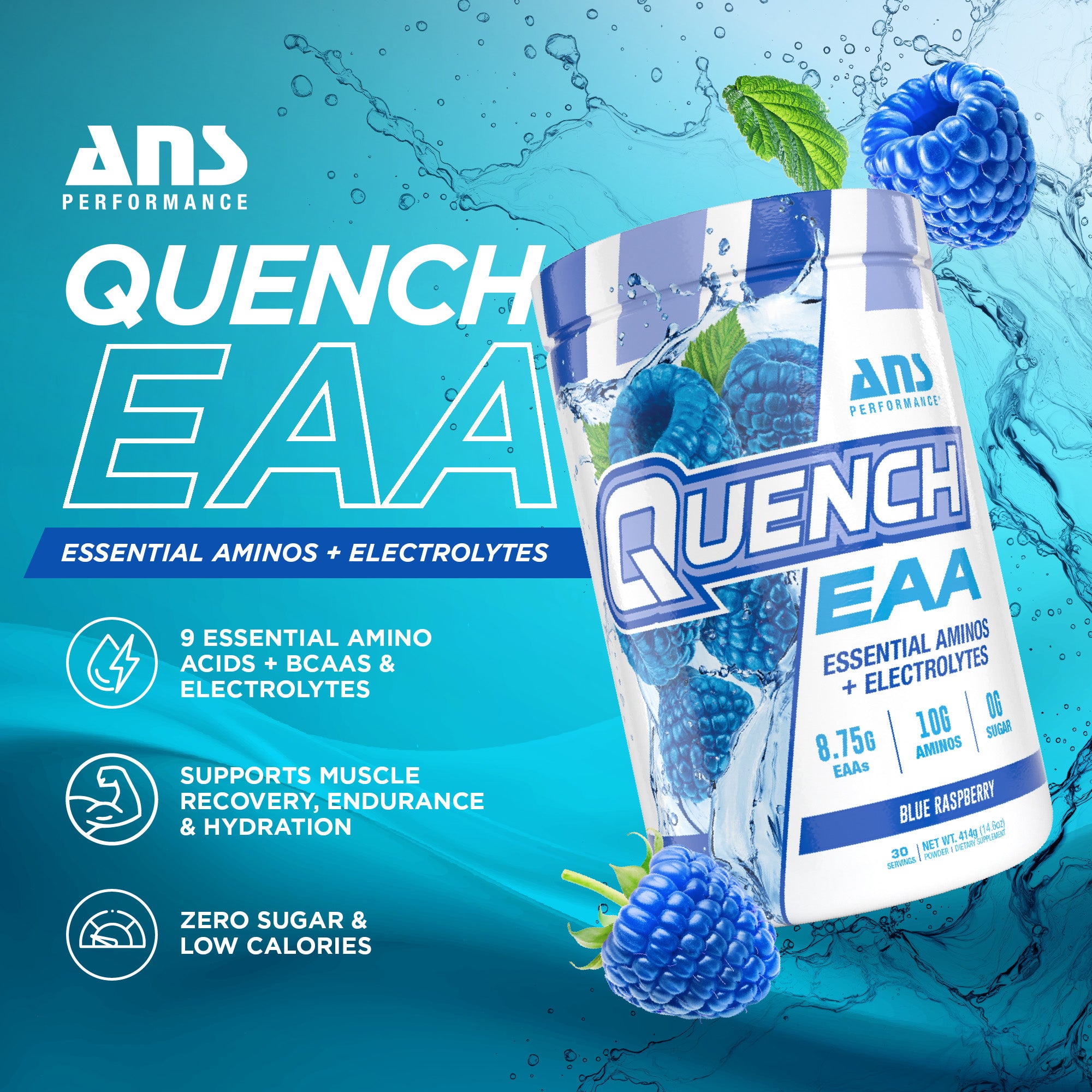 ANS Performance Quench EAA Hydration Drink Mix with Electrolytes, Blue Raspberry