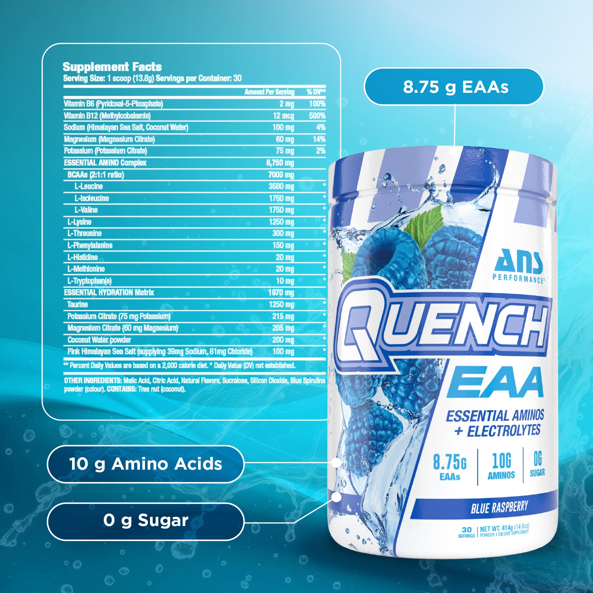 ANS Performance Quench EAA Hydration Drink Mix with Electrolytes, Blue Raspberry
