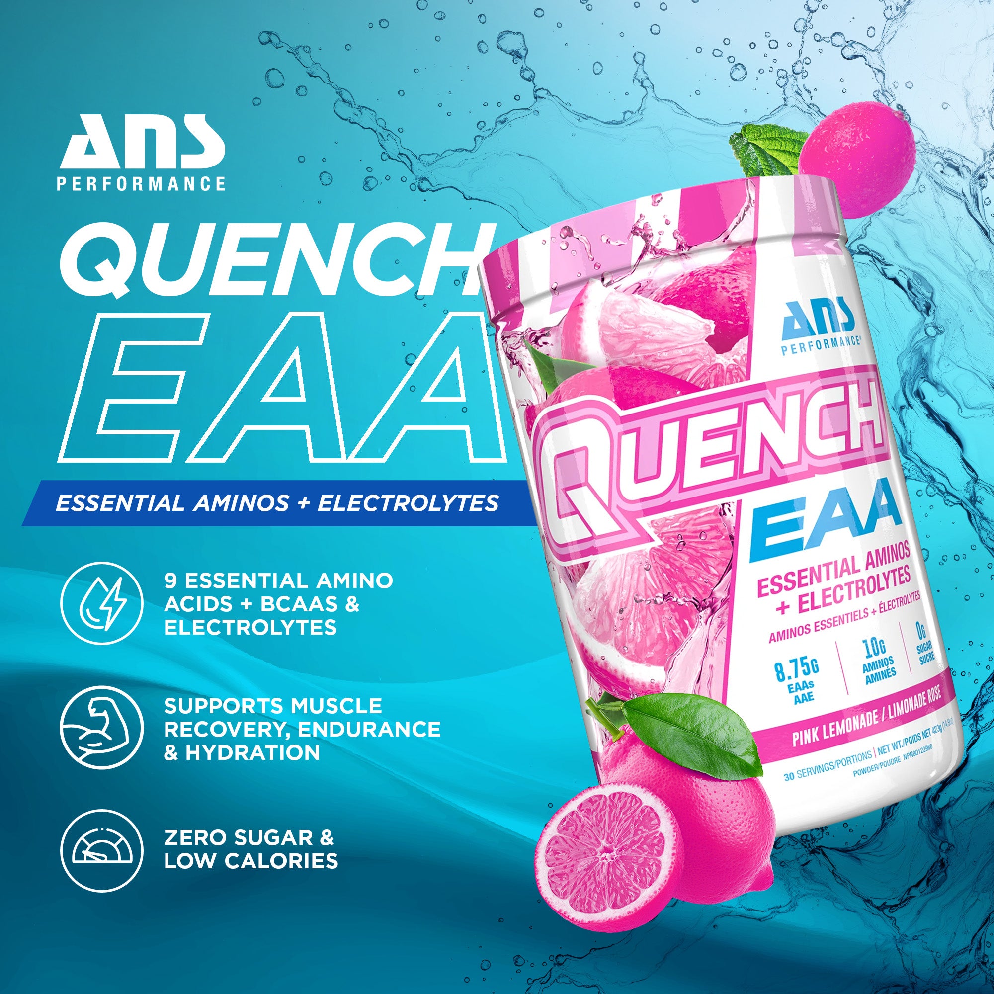 ANS Performance Quench EAA Hydration Drink Mix with Electrolytes, Pink Lemonade