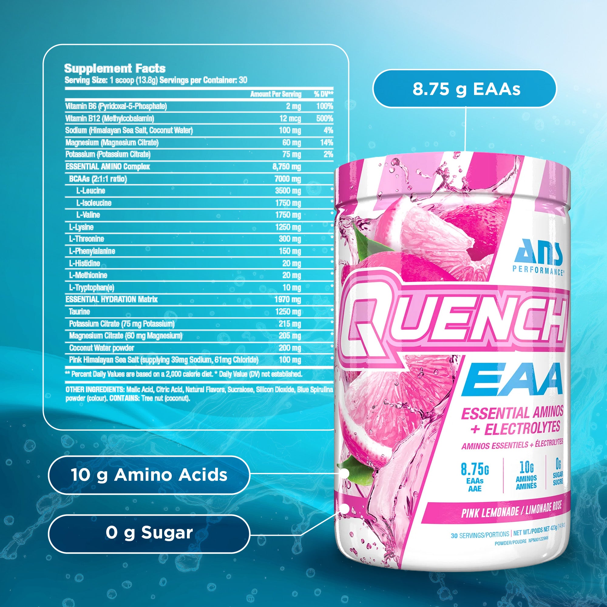 ANS Performance Quench EAA Hydration Drink Mix with Electrolytes, Pink Lemonade