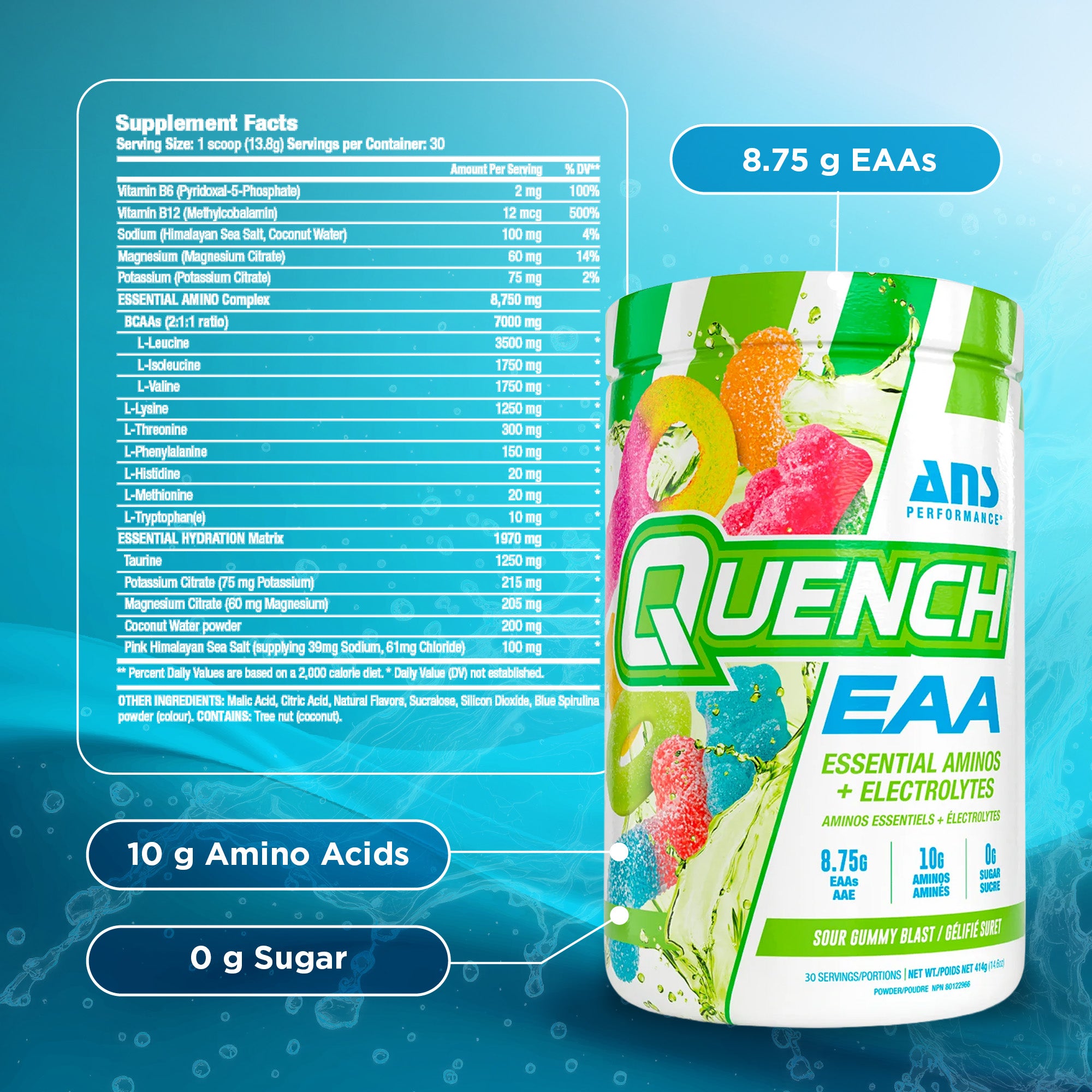 ANS Performance Quench EAA Hydration Drink Mix with Electrolytes, Sour Gummy