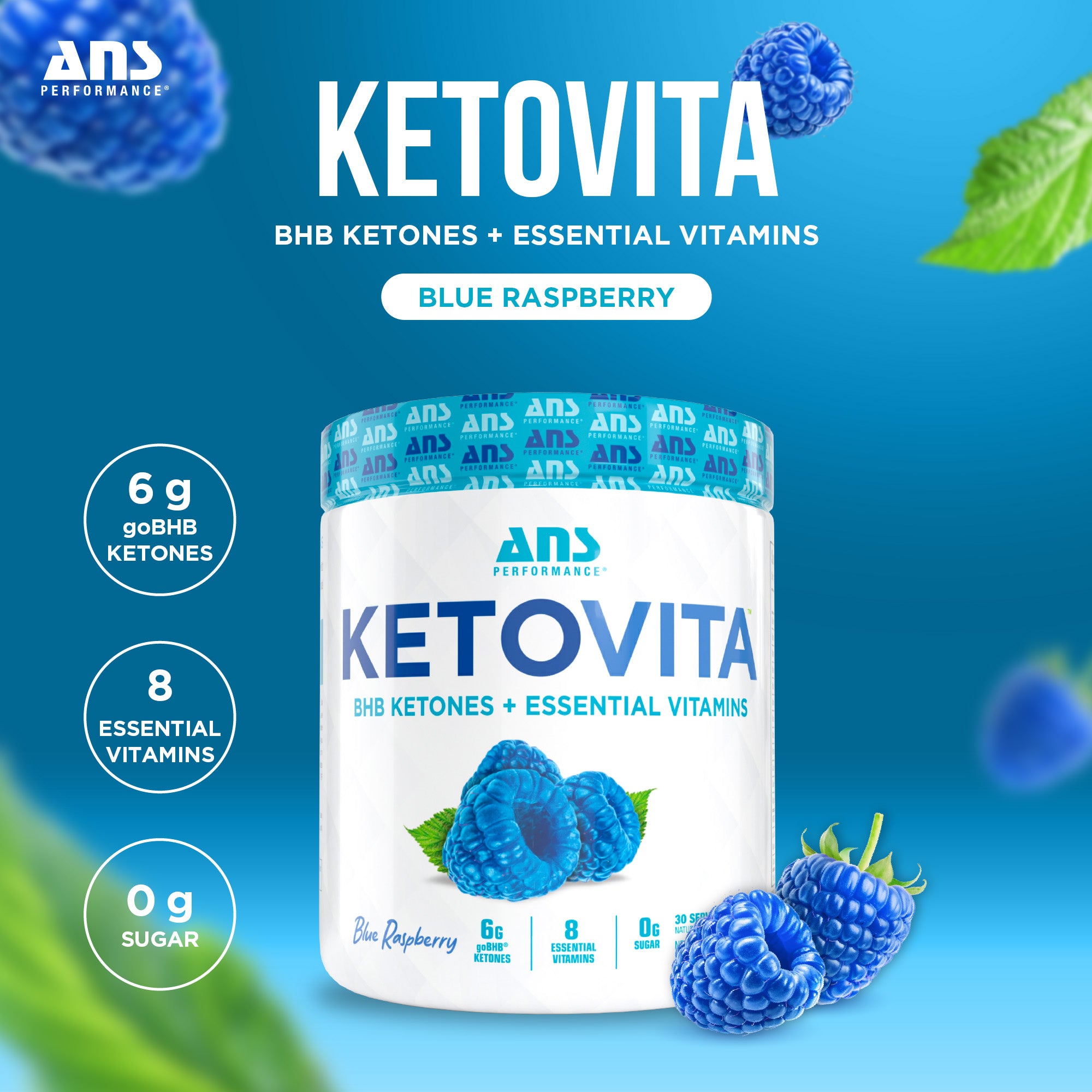 ANS Performance Ketovita Supplement Drink Powder, 30 Servings, Blue Raspberry