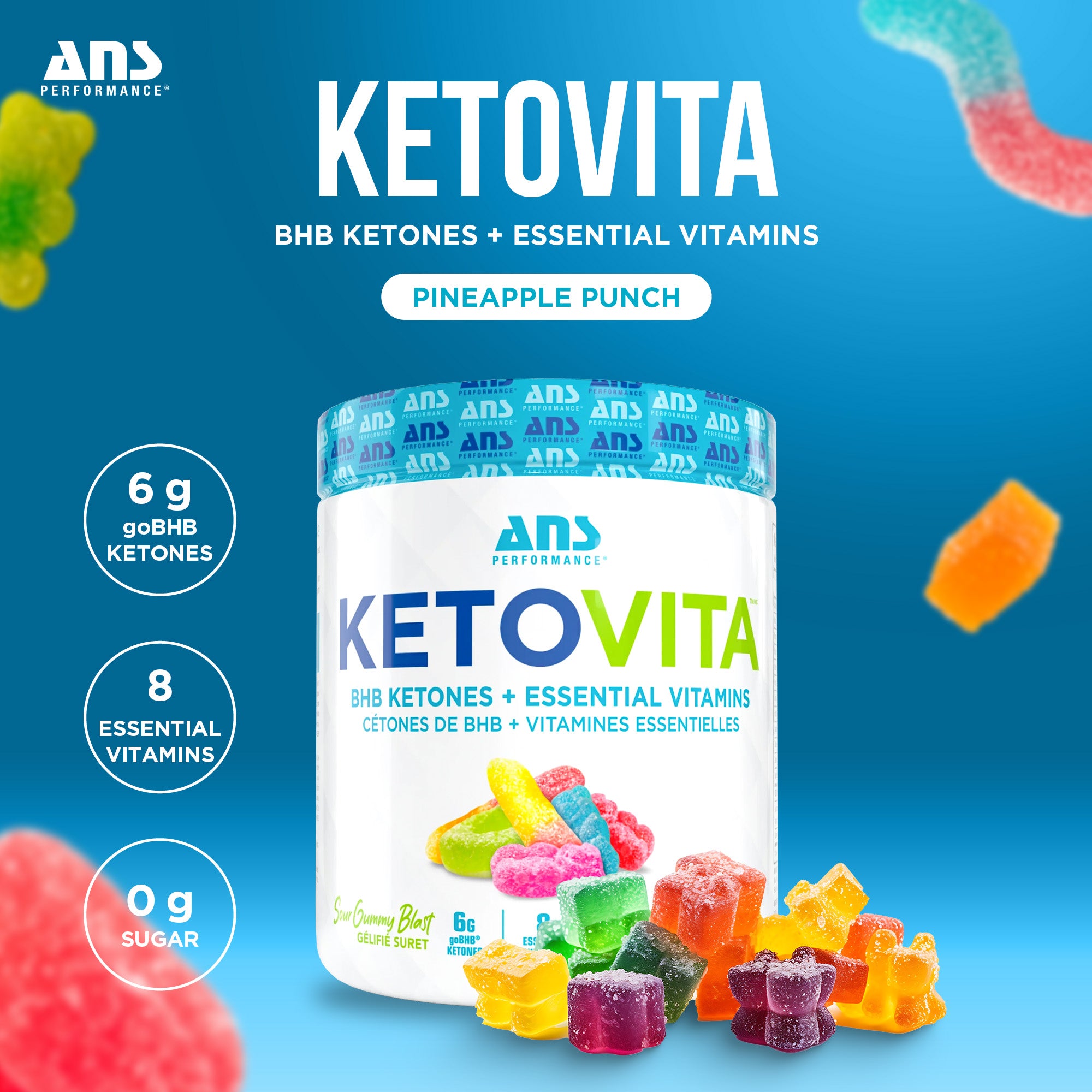 ANS Performance Ketovita Supplement Drink Powder with 30 Servings, Sour Gummy