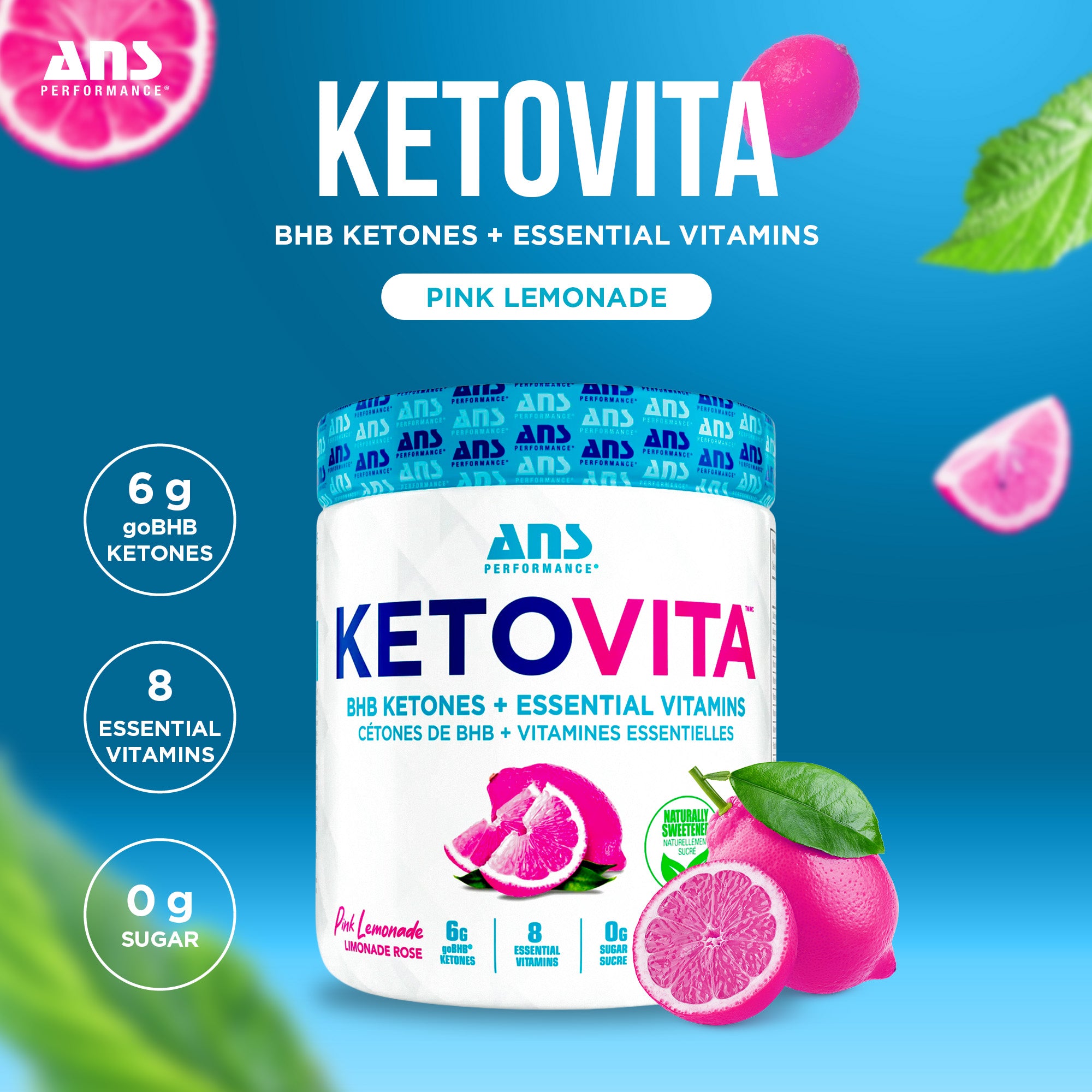 ANS Performance Ketovita Supplement Drink Powder, 30 Servings, Pink Lemonade
