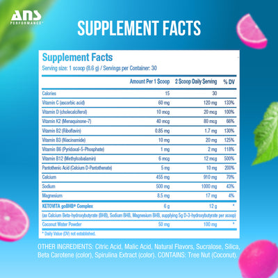 ANS Performance Ketovita Supplement Drink Powder, 30 Servings, Pink Lemonade