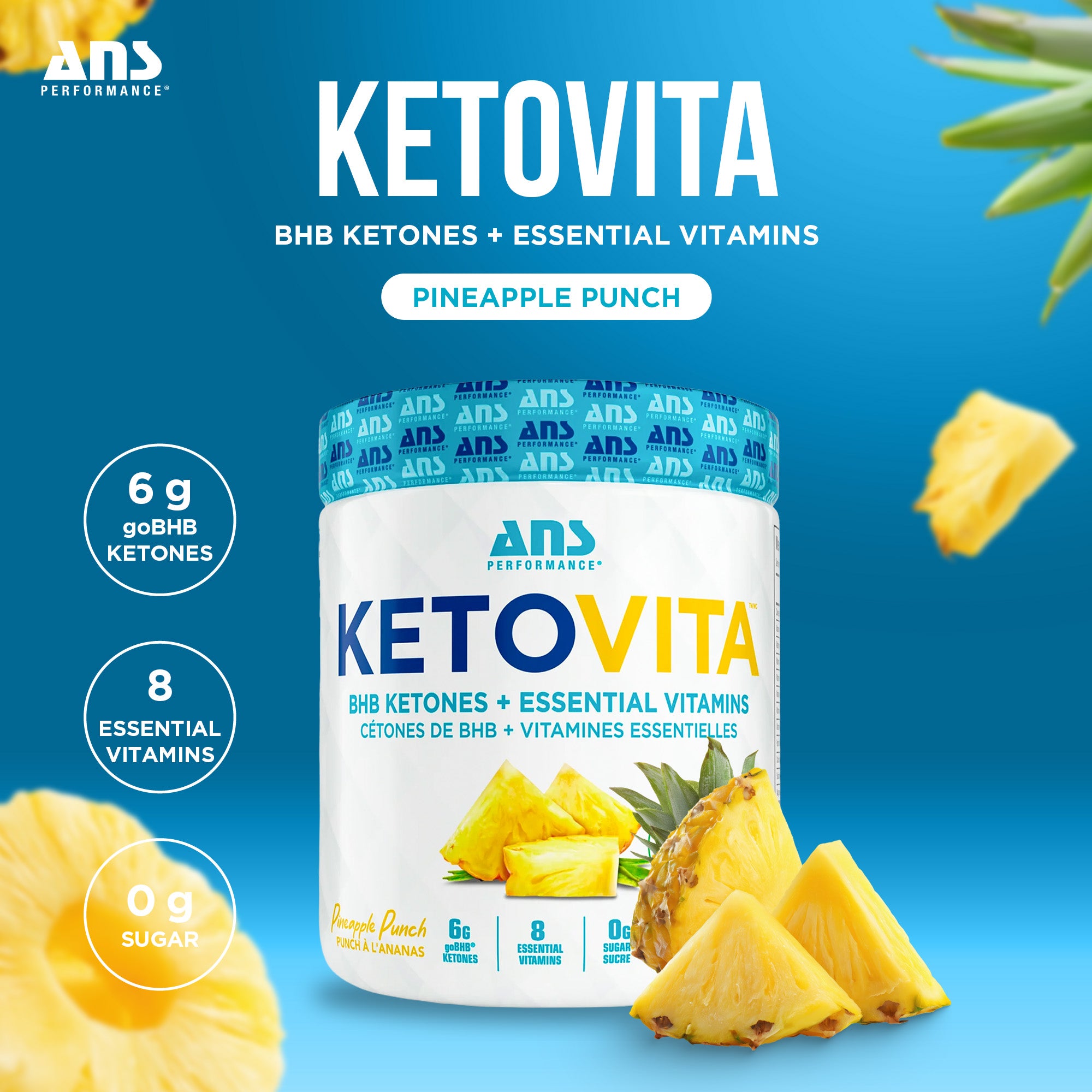 ANS Performance Ketovita Supplement Drink Powder, 30 Servings, Pineapple Punch