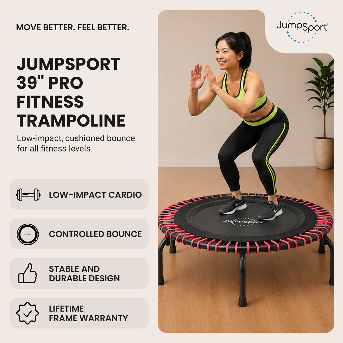 JumpSport 230 Workout Rebounder for Adults, 39" Mini Fitness Trampoline, Black - VMInnovations
