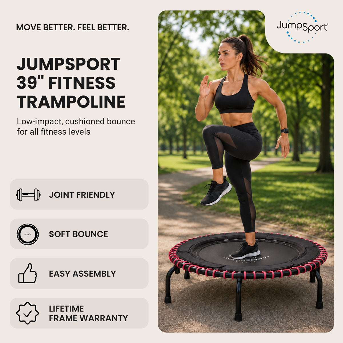 JumpSport 220 Workout Rebounder for Adults, 39" Mini Fitness Trampoline, Black - VMInnovations