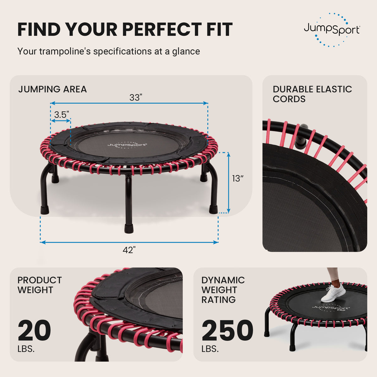 JumpSport 220 Workout Rebounder for Adults, 39" Mini Fitness Trampoline, Black - VMInnovations
