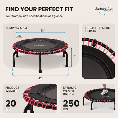 JumpSport 220 Workout Rebounder for Adults, 39" Mini Fitness Trampoline, Black - VMInnovations
