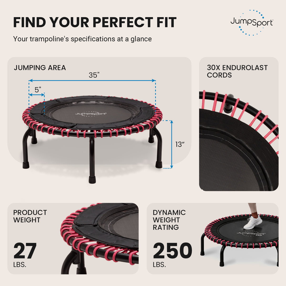 JumpSport 250 Workout Rebounder for Adults, 39"Mini Fitness Trampoline(Open Box)