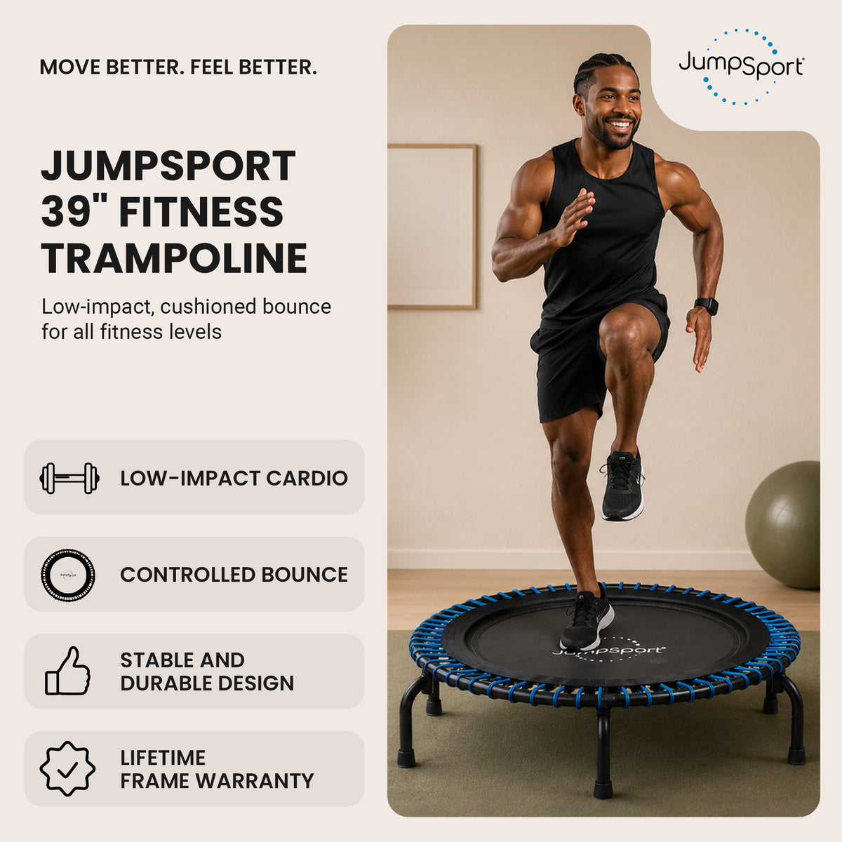 JumpSport 220 Workout Rebounder for Adults, 39" Mini Fitness Trampoline, Black - VMInnovations