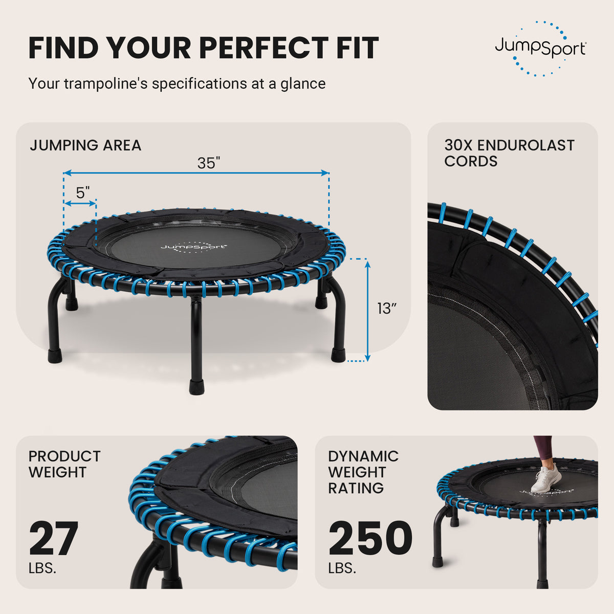 JumpSport 250 Workout Rebounder for Adults, Mini Fitness Trampoline, (Open Box) - VMInnovations