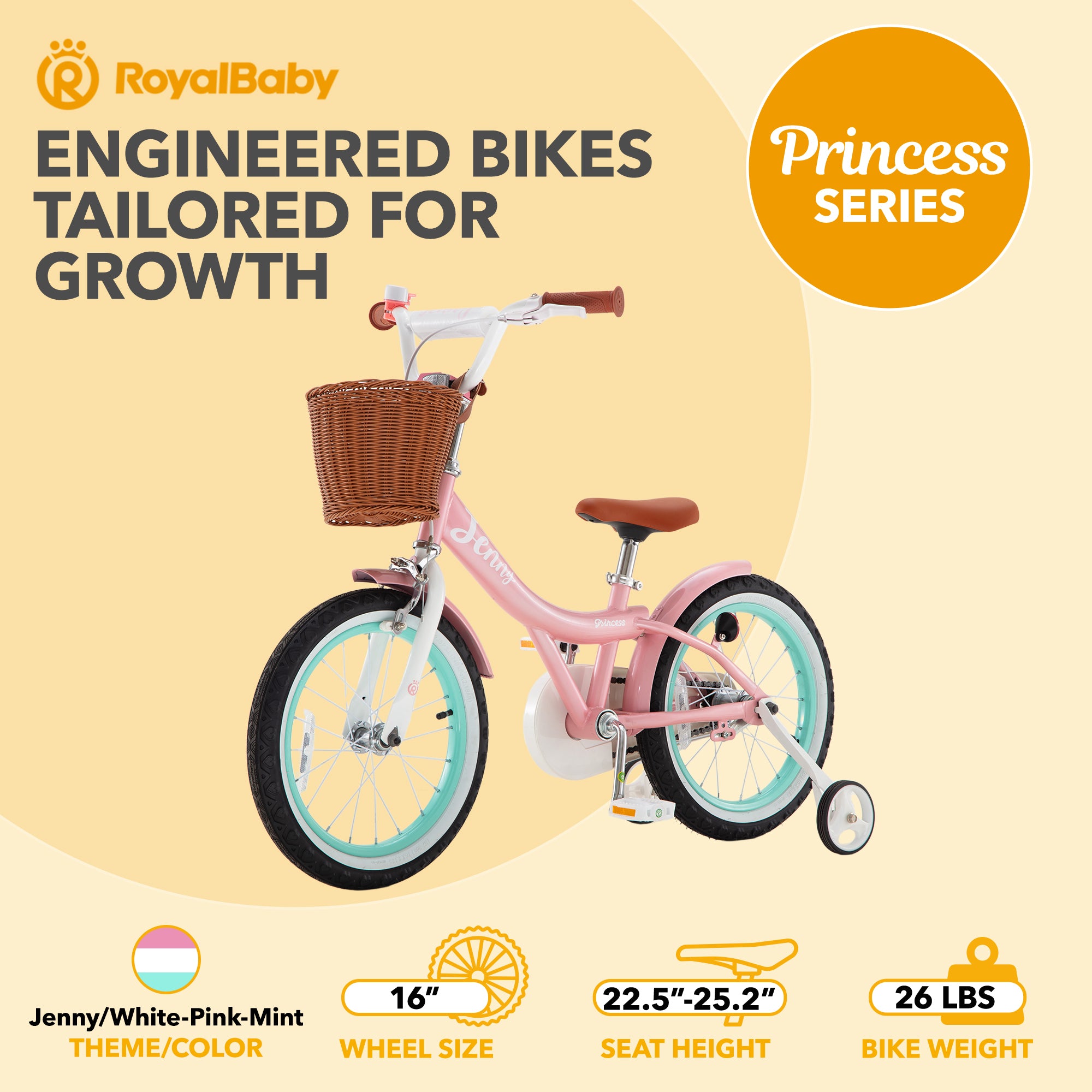 RoyalBaby Princess Girl Bike 16" w/ Training Wheels & Kickstand, Jenny/Pink-Mint - VMInnovations