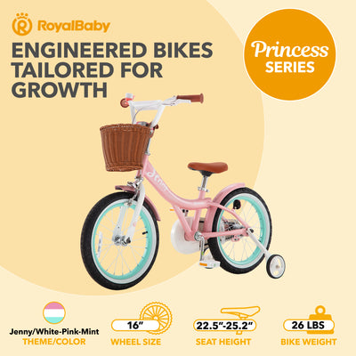 RoyalBaby Princess Girl Bike 16" w/ Training Wheels & Kickstand, Jenny/Pink-Mint - VMInnovations