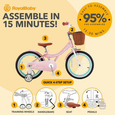 RoyalBaby Princess Girl Bike 16" w/ Training Wheels & Kickstand, Jenny/Pink-Mint - VMInnovations