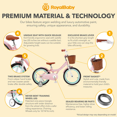 RoyalBaby Princess Girl Bike 16" w/ Training Wheels & Kickstand, Jenny/Pink-Mint - VMInnovations