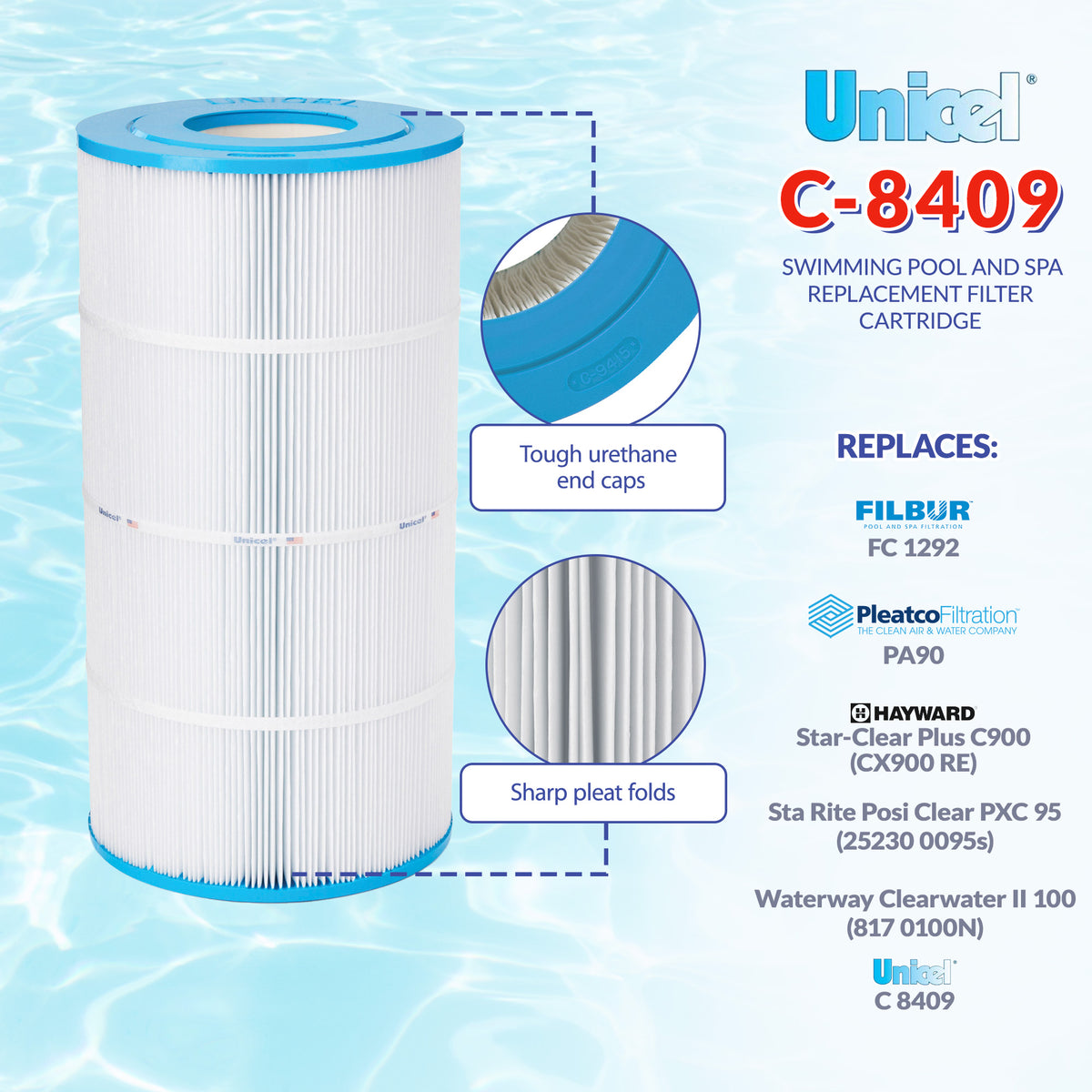 Unicel C-8409 Replacement 90 Sq Ft Pool Filter Cartridge, 174 Pleats, 4 Pack
