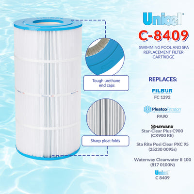 Unicel C-8409 Replacement 90 Sq Ft Pool Filter Cartridge, 174 Pleats, 4 Pack
