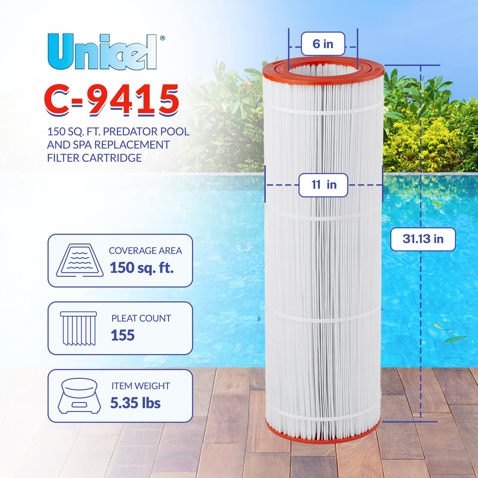 Unicel C-9415 Replacement 150 Sq Ft Swimming Pool Filter Cartridge, 175 Pleats - VMInnovations