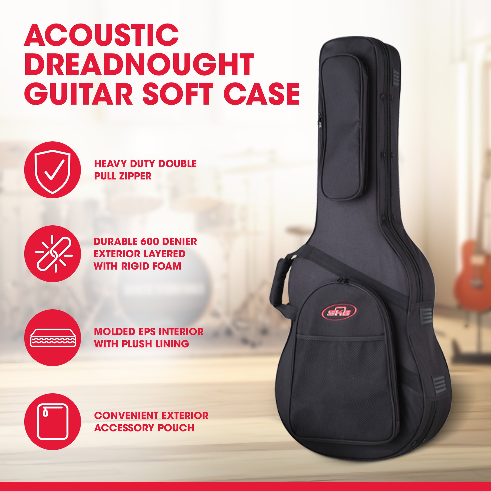 SKB Soft Case Travel Guitar Case for Dreadnought Acoustic Style Guitars, Black - VMInnovations
