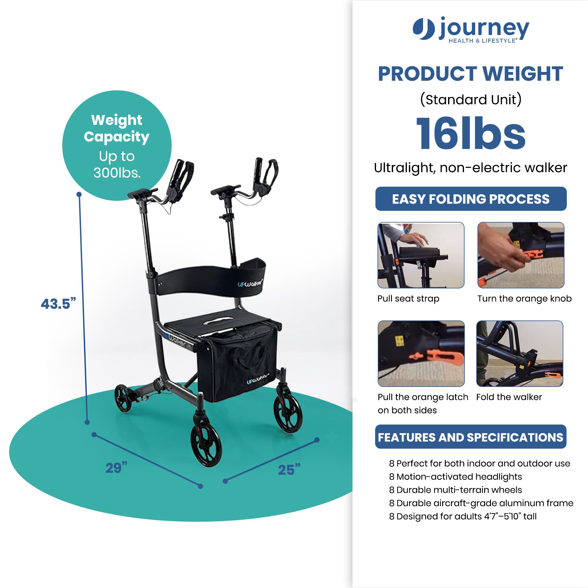 LifeWalker UPWalker EZ Lite Lightweight Upright Rollator Walker for Seniors
