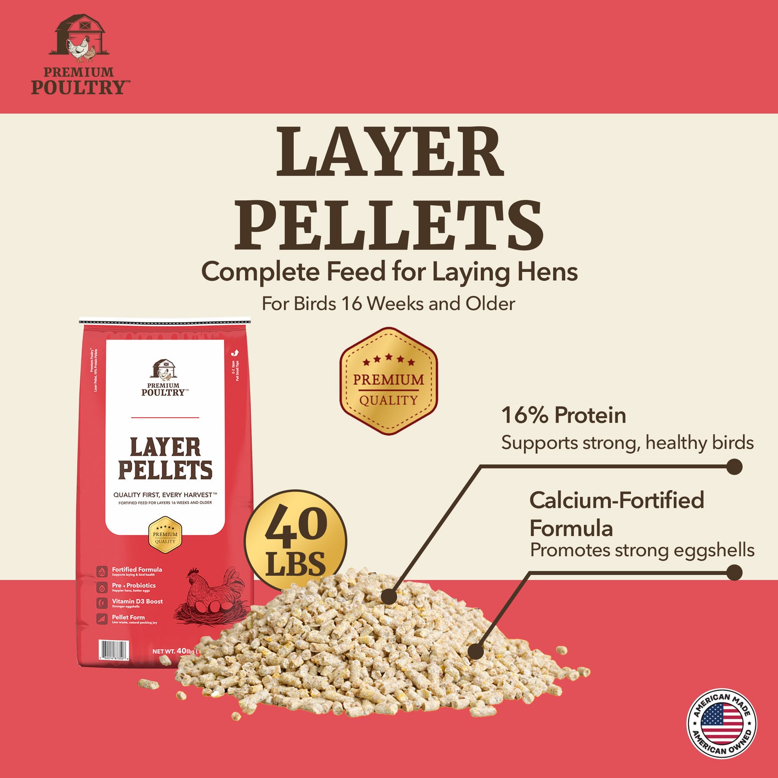 Premium Poultry Layer Pellets for Laying Hens, 16% Protein Blend Feed, 2000 lb - VMInnovations