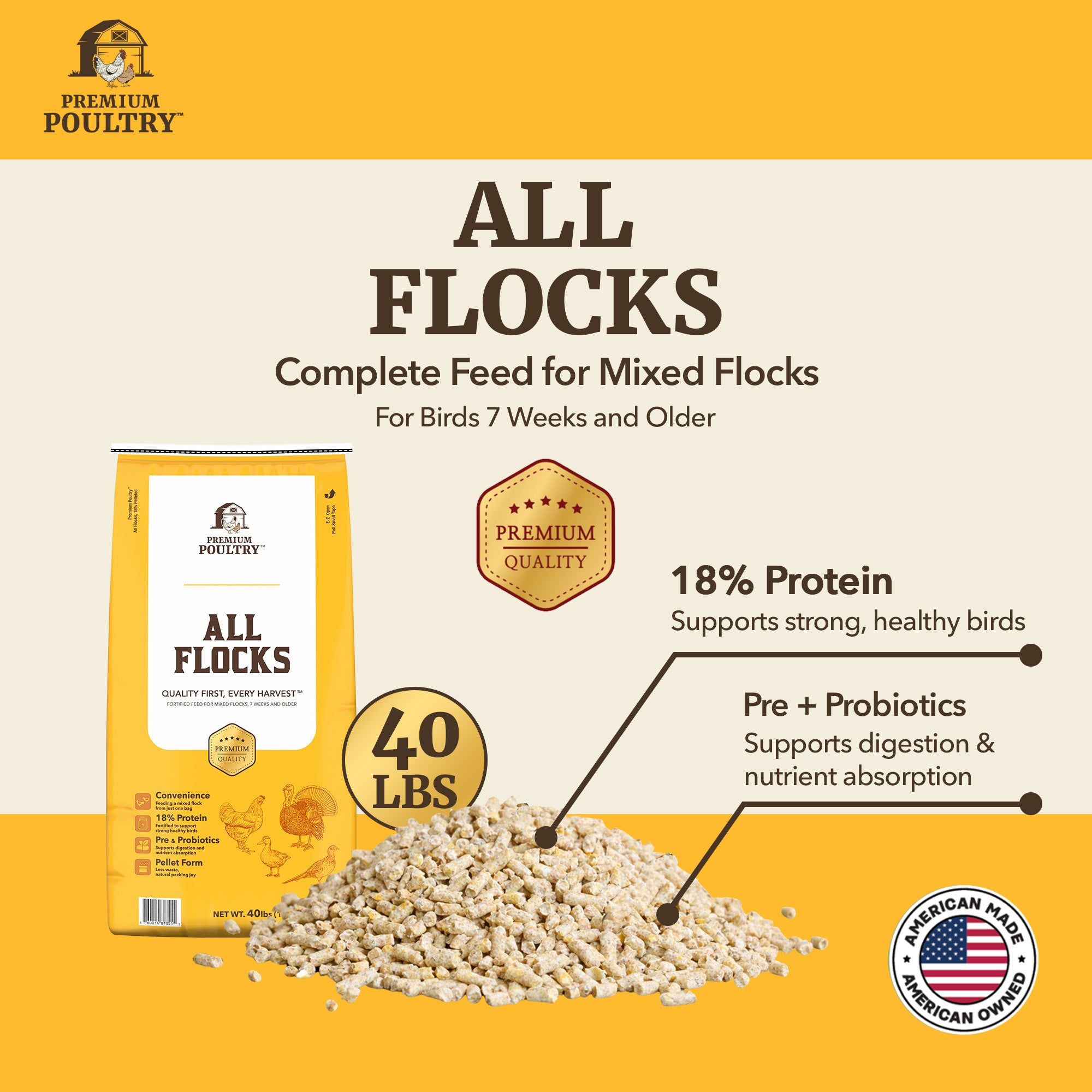 Premium Poultry All Flocks Feed Pellets, 18% Protein for Mixed Flocks, 2000 lbs