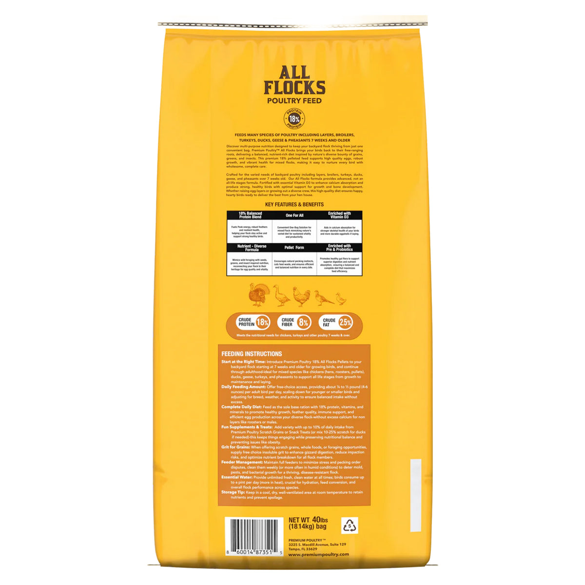 Premium Poultry All Flocks Feed Pellets, 18% Protein for Mixed Flocks, 2000 lbs - VMInnovations