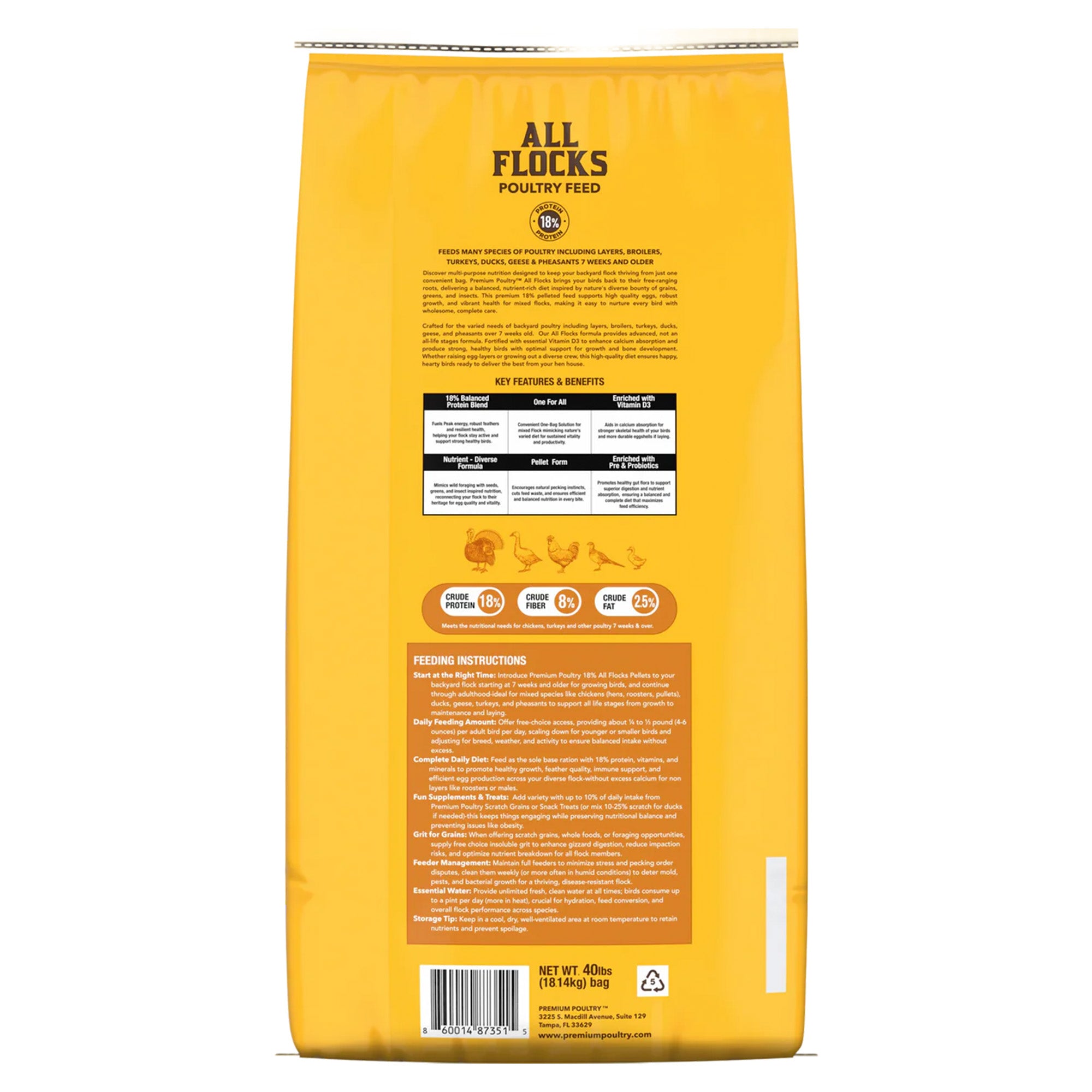 Premium Poultry All Flocks Feed Pellets, Protein for Mixed Flocks, 40 lb, 2 Pack