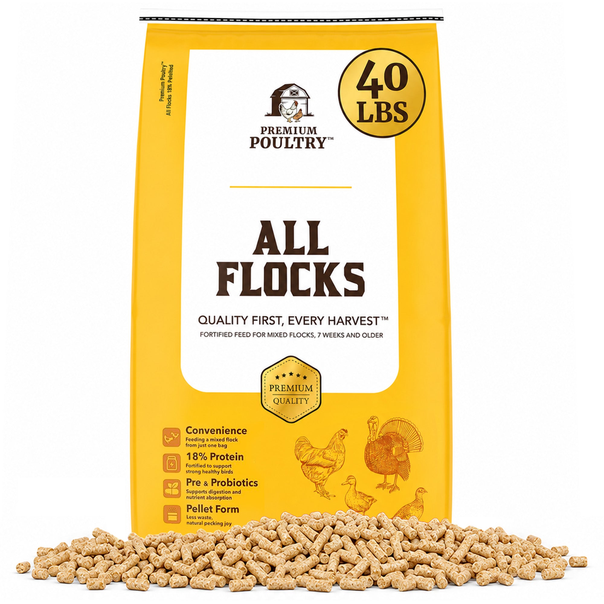 Premium Poultry All Flocks Feed Pellets, 18% Protein for Mixed Flocks, 40 Pounds - VMInnovations