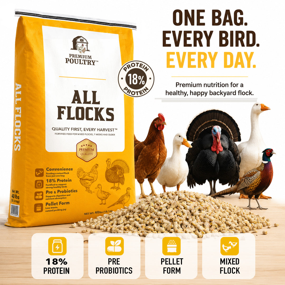Premium Poultry All Flocks Feed Pellets, 18% Protein for Mixed Flocks, 2000 lbs - VMInnovations