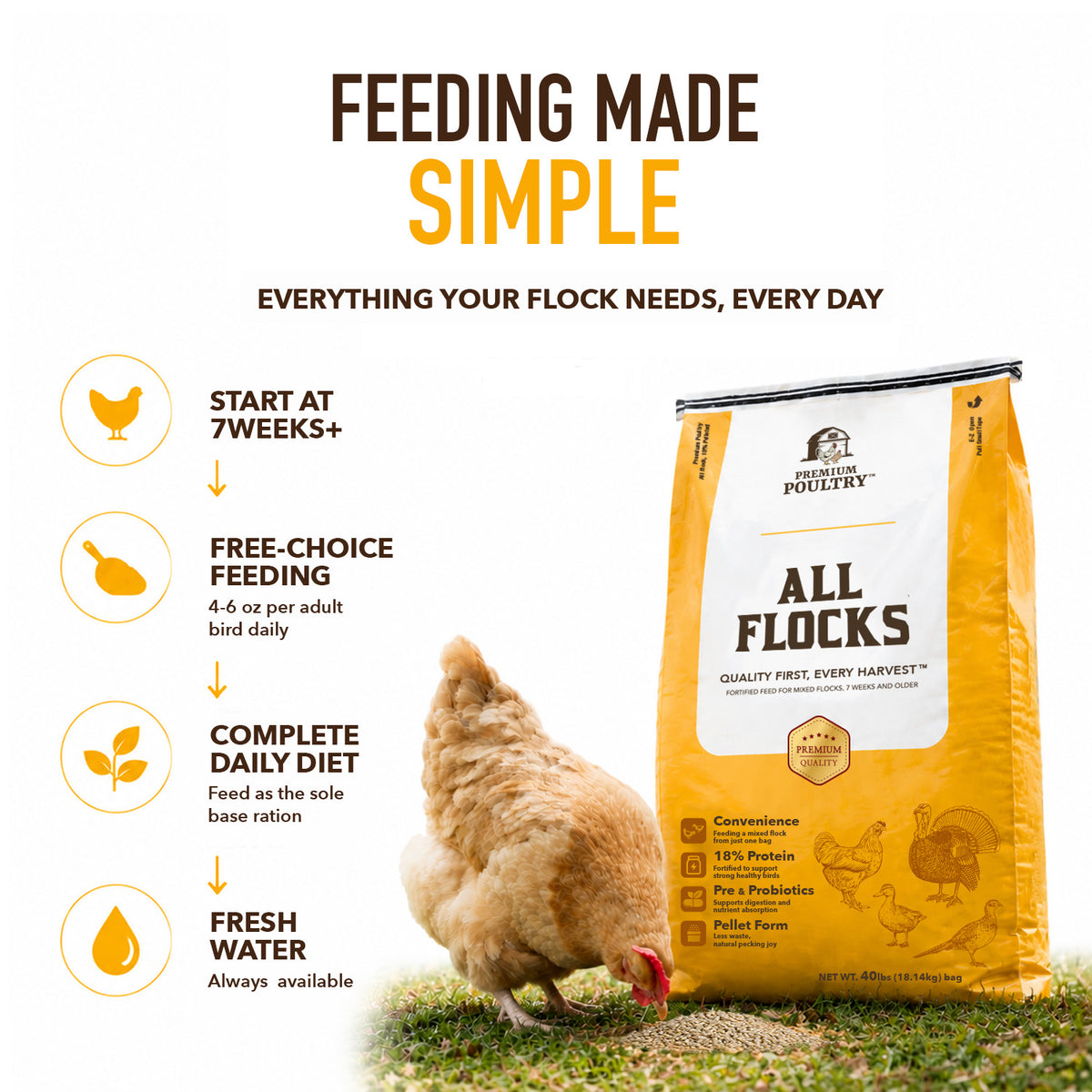 Premium Poultry All Flocks Feed Pellets, 18% Protein for Mixed Flocks, 40 Pounds - VMInnovations