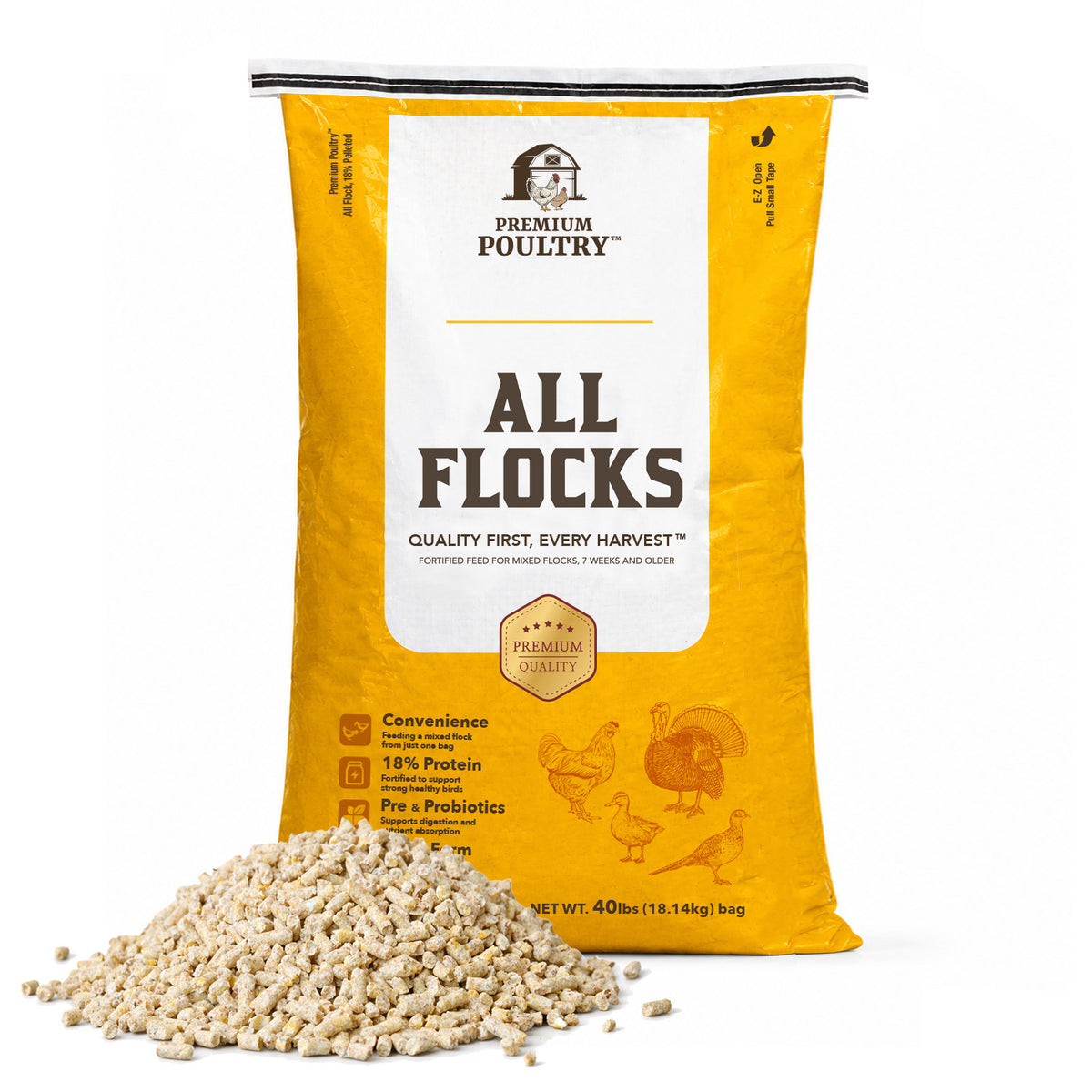 Premium Poultry All Flocks Feed Pellets, 18% Protein for Mixed Flocks, 40 Pounds - VMInnovations