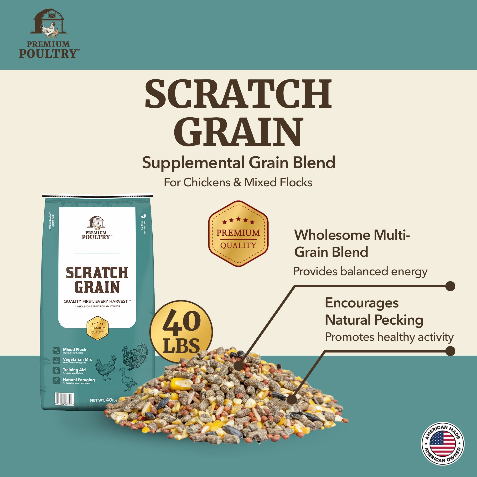 Premium Poultry Scratch Grain for Adult Chickens, Ducks, and Turkeys, 2000 lbs - VMInnovations