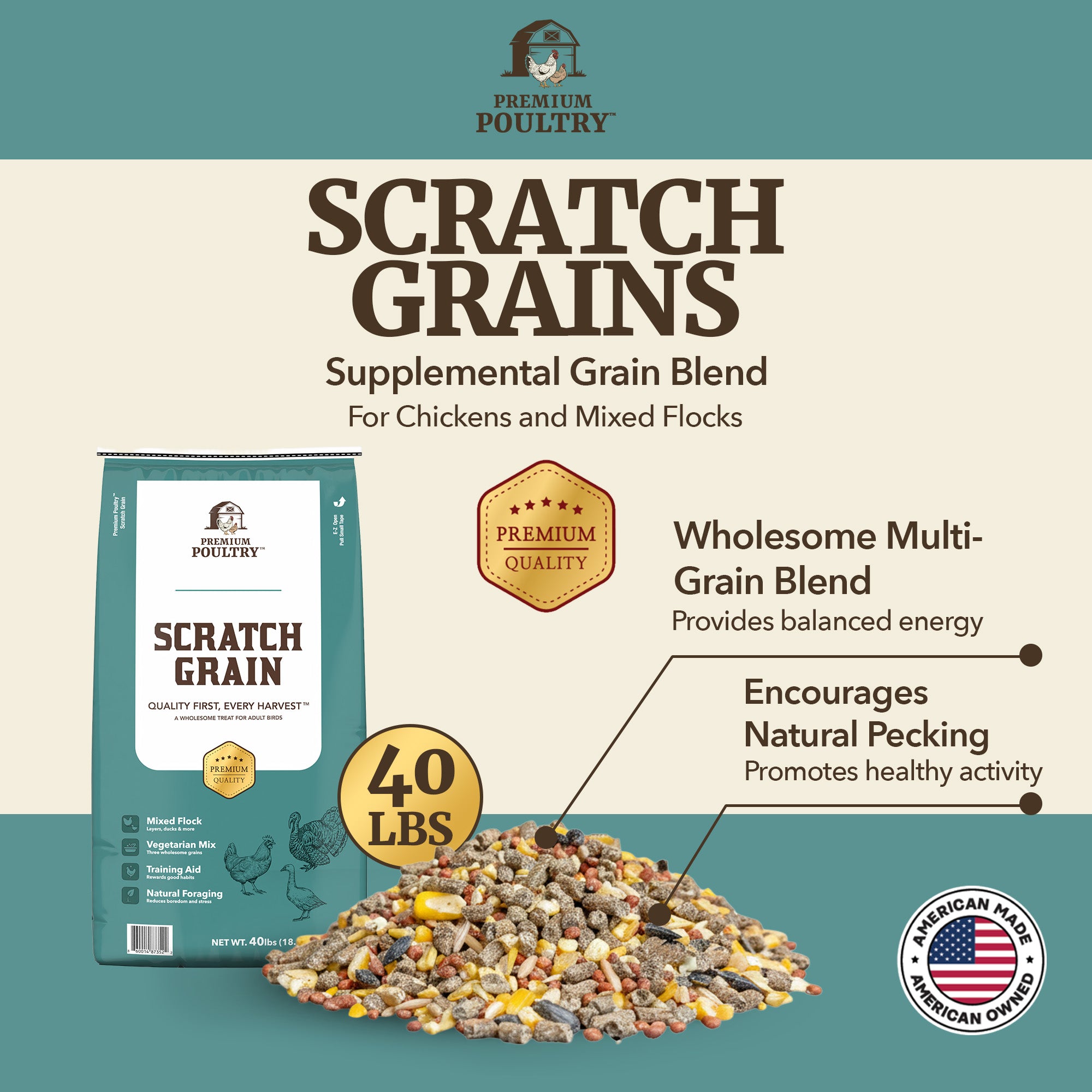 Premium Poultry Scratch Grain for Adult Chickens, Ducks, and Turkeys, 40 Pounds