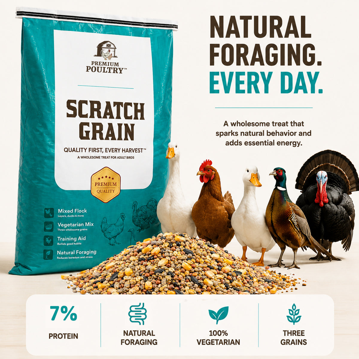Premium Poultry Scratch Grain for Adult Chickens, Ducks, and Turkeys, 40 Pounds