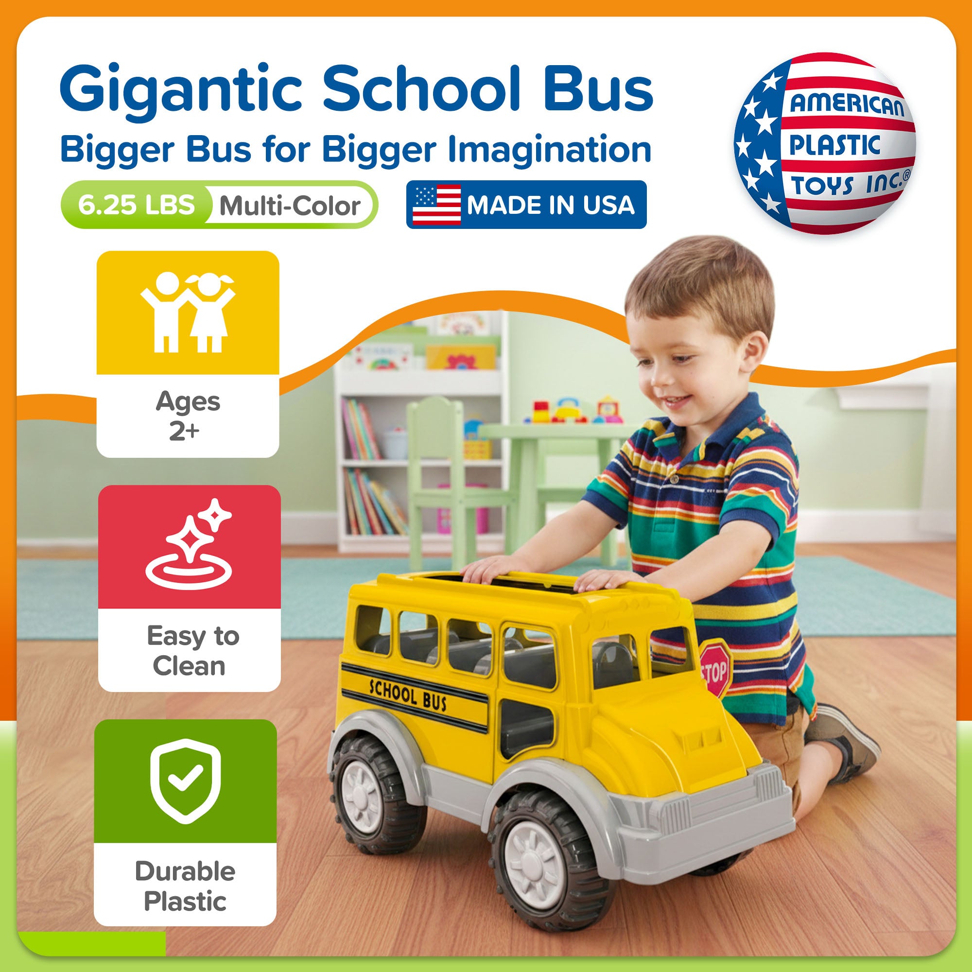 American Plastic Toys Gigantic School Bus Toy for Kids Ages 2 Years and Up - VMInnovations