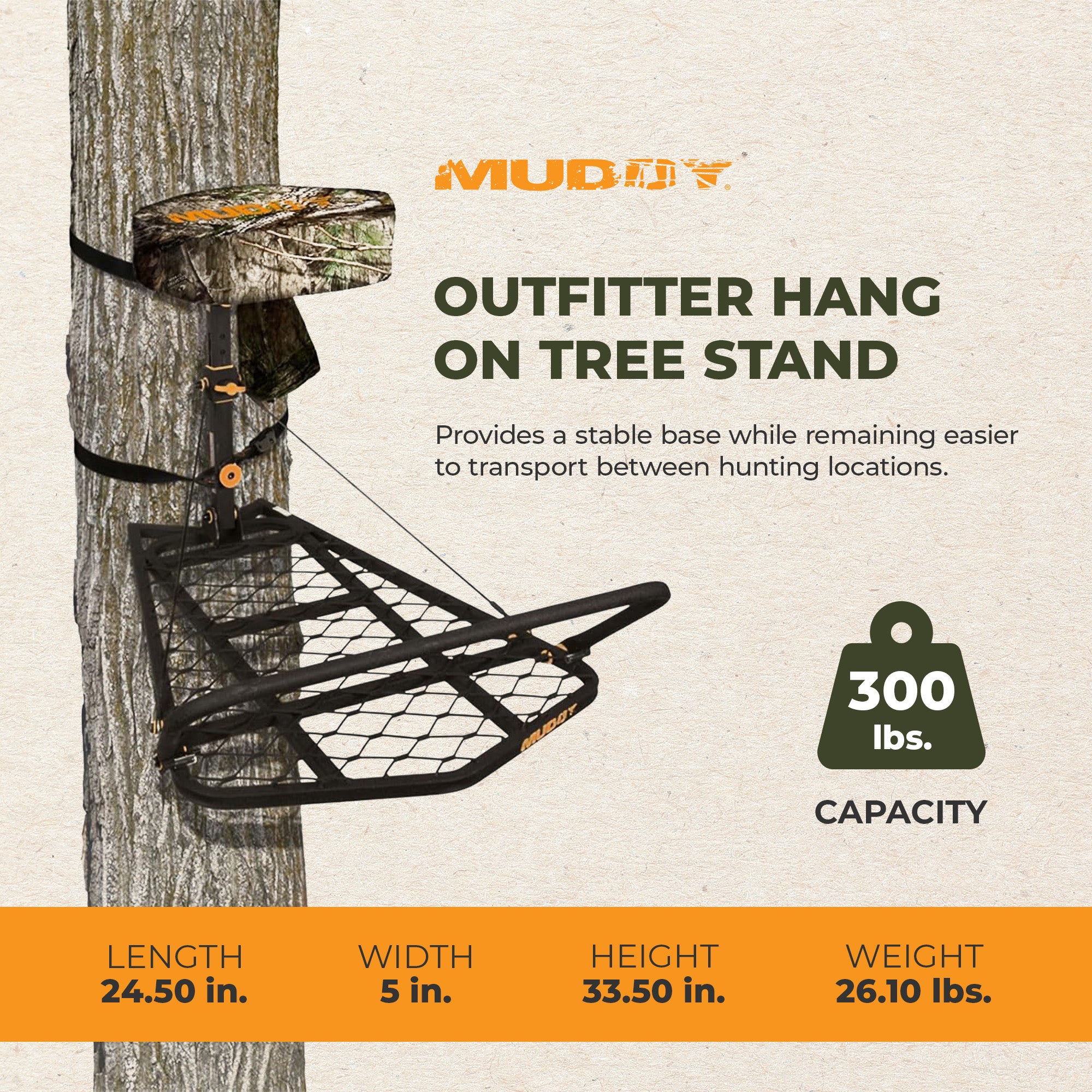 MUDDY Outfitter Hang On Hunting Tree Stand w/ Adjustable Platform & Padded Seat